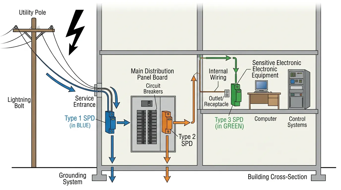 Rétegzett SPD védelmi architektúra, amely az 1. típust a szolgáltatói bejáratnál, a 2. típust az elosztó panelnél és a 3. típust az érzékeny berendezések közelében mutatja