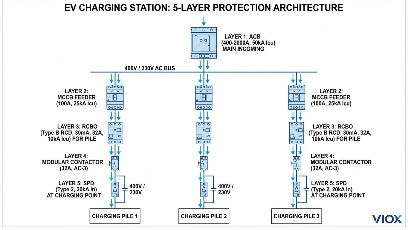 Diagrama esquemático eléctrico técnico que muestra la arquitectura de protección de 5 capas para la estación de carga de vehículos eléctricos, estilo de diagrama unifilar con componentes claramente etiquetados: ACB de capa 1 en la parte superior (400-2000A), alimentadores MCCB de capa 2 (múltiples ramas), RCBO de capa 3 con RCD de tipo B para cada punto de carga, contactores modulares de capa 4, dispositivos SPD de capa 5, fondo blanco limpio, líneas de estilo CAD profesional en azul y negro, logotipo de VIOX en la esquina, flechas de flujo de corriente, niveles de voltaje etiquetados (400V/230V), símbolos estándar IEC, anotado con clasificaciones de protección