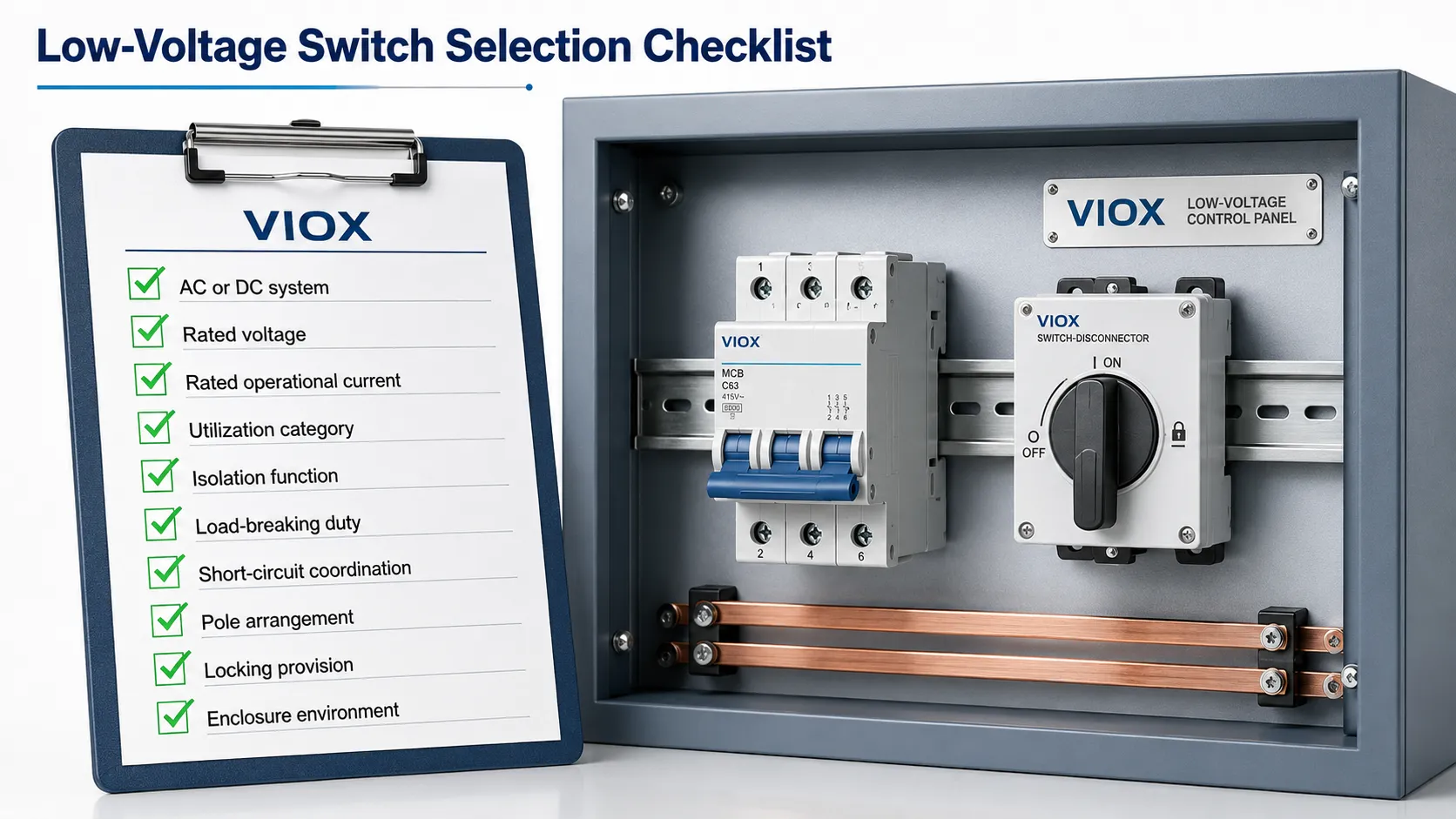 Low-voltage switch-disconnector selection checklist covering voltage, current, utilization category, isolation, and short-circuit coordination