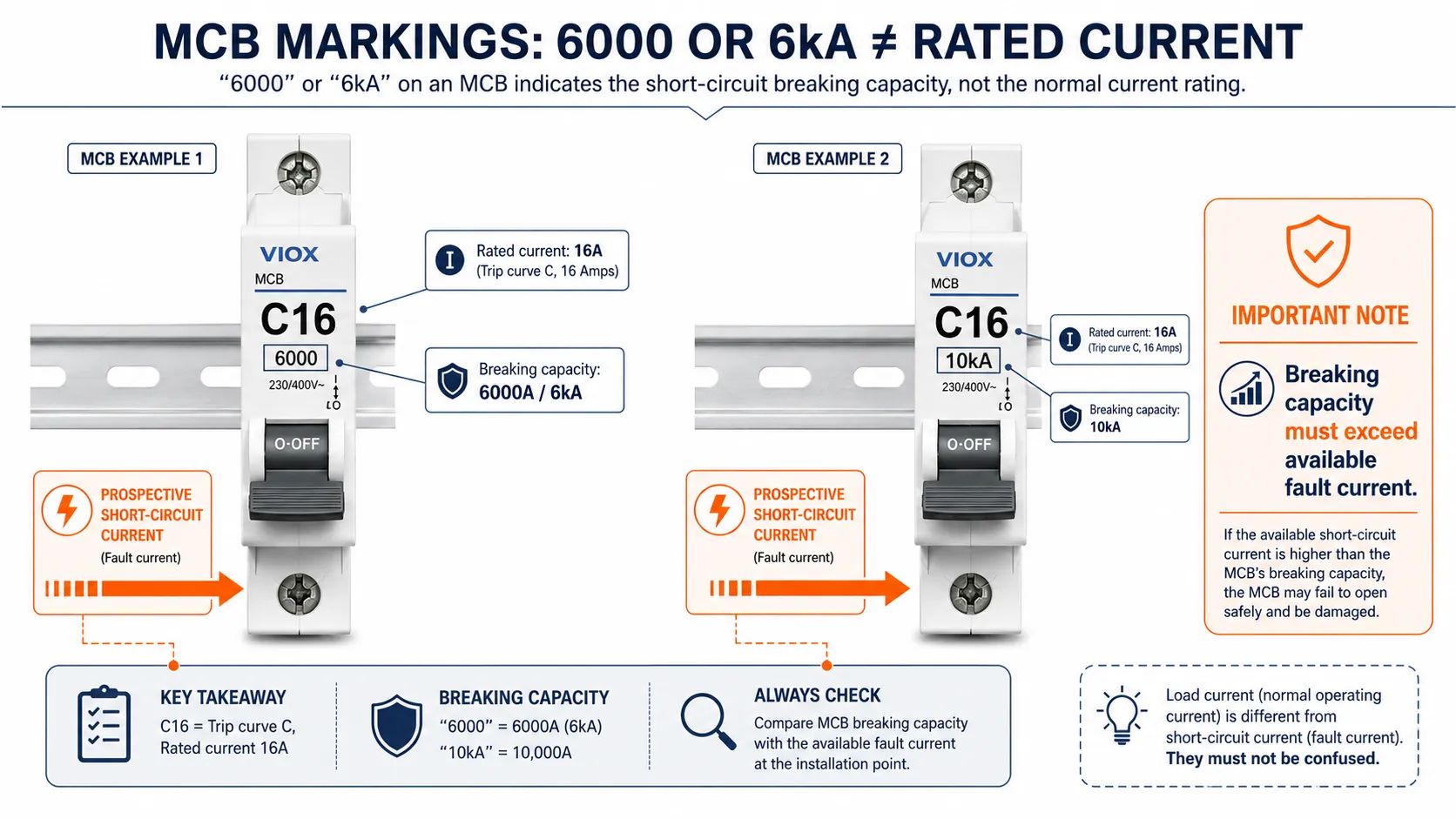 MCB breaking capacity illustration comparing 6000A and 10kA markings against rated current showing that rated current and breaking capacity are two different specifications
