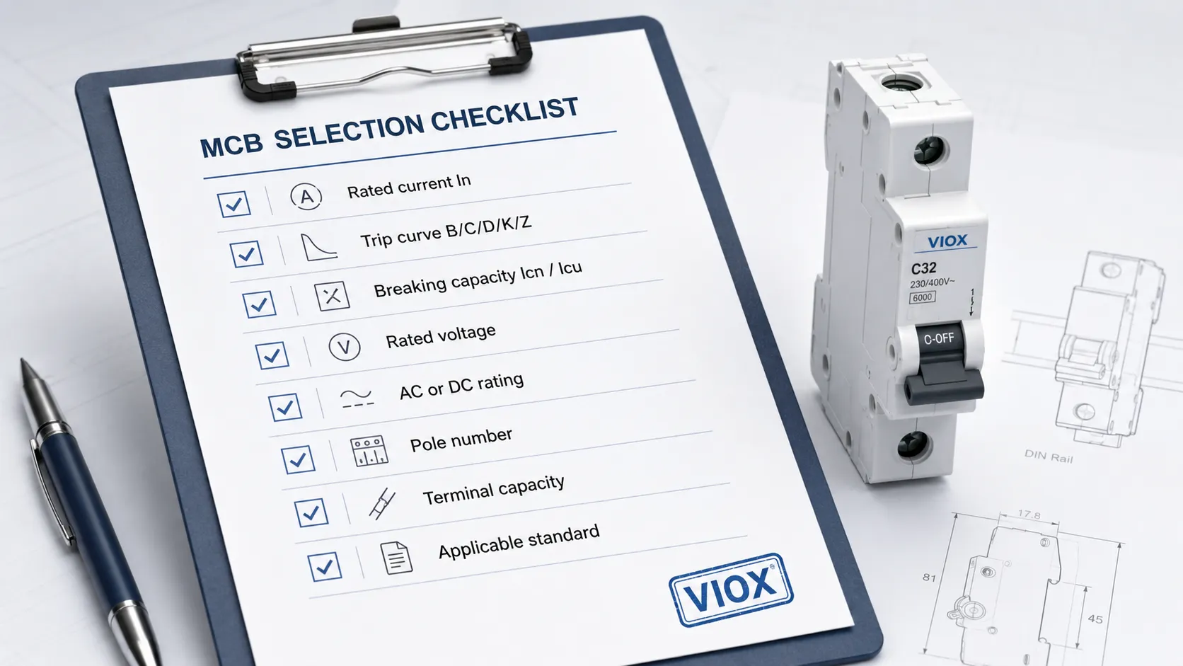 MCB characteristics checklist including In trip curve breaking capacity voltage poles standard and terminal capacity
