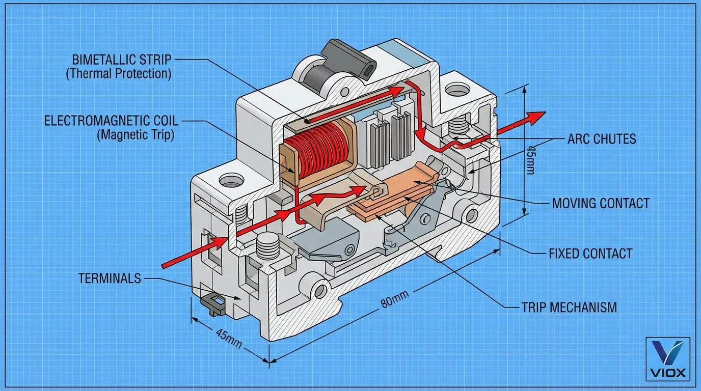 Gambarajah keratan rentas mekanisme dalaman MCB menunjukkan komponen perjalanan terma dan magnet