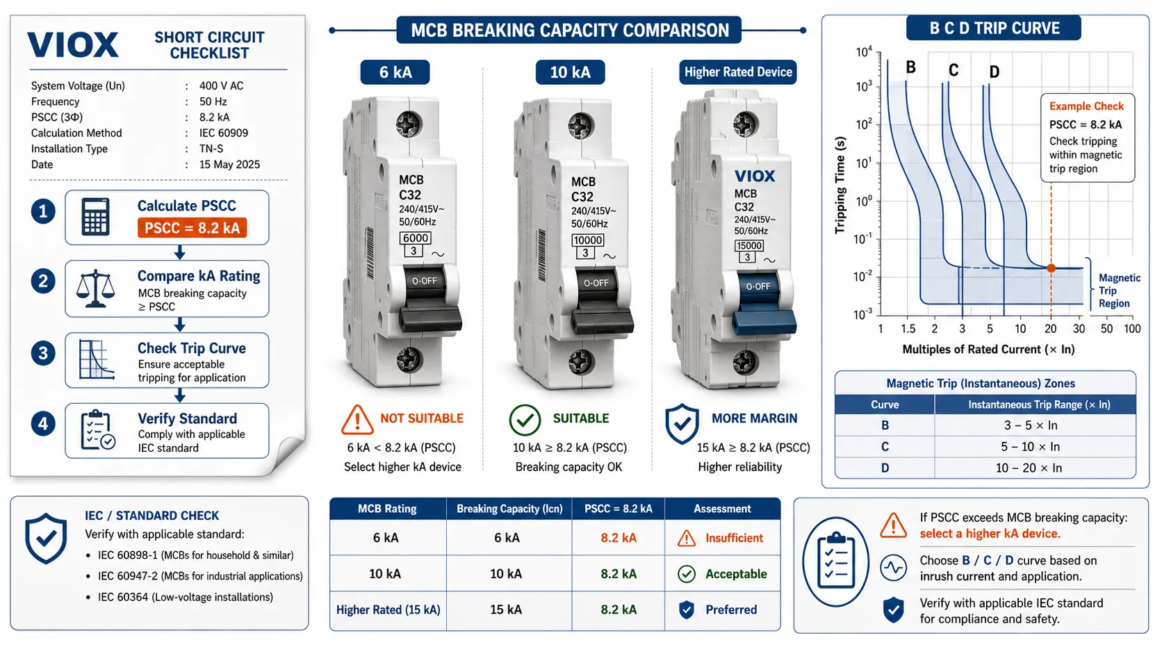 MCB kA breaking capacity and B, C, and D trip curve check for short-circuit current.