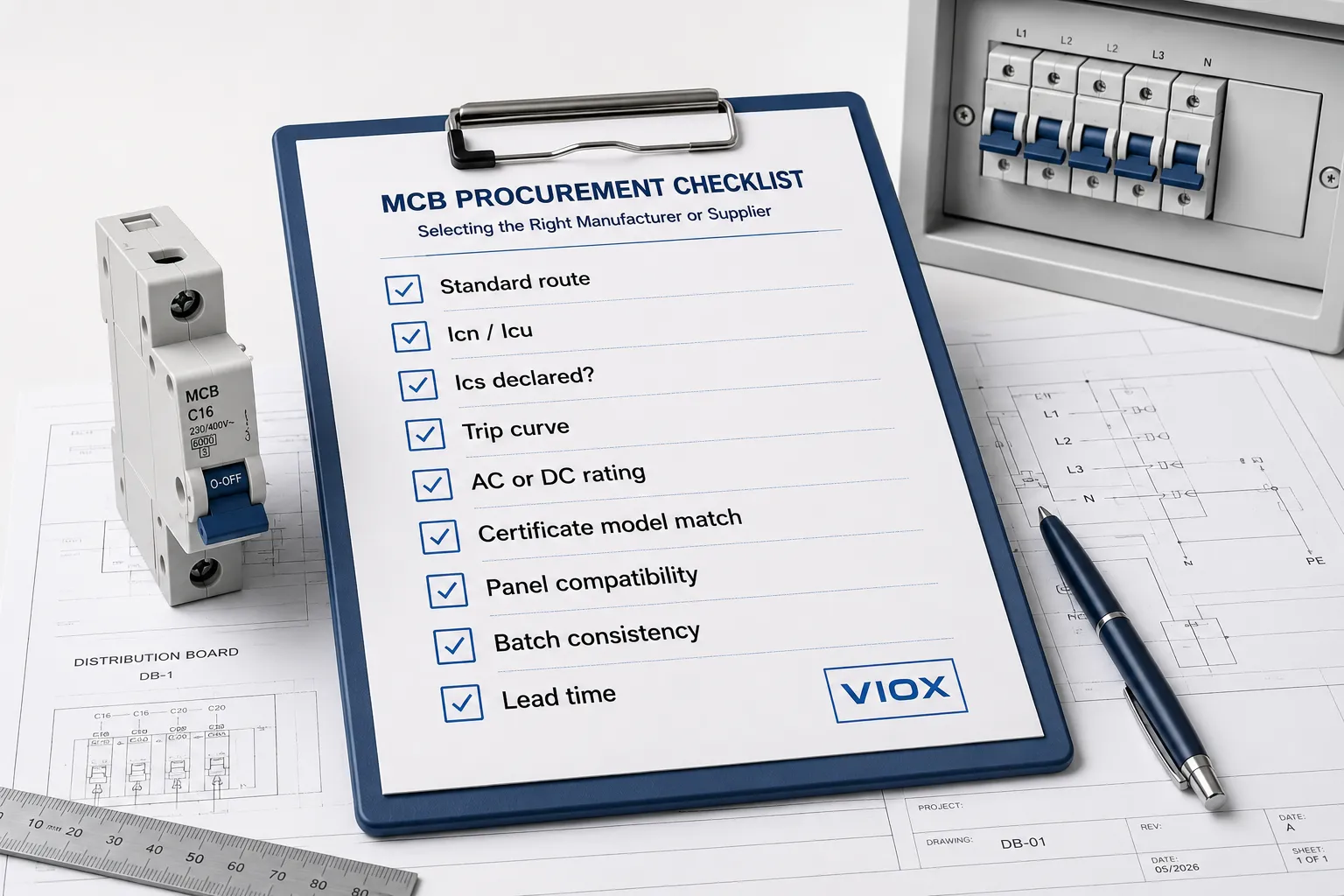 MCB supplier checklist for standards Ics certificate model number AC DC rating and batch consistency