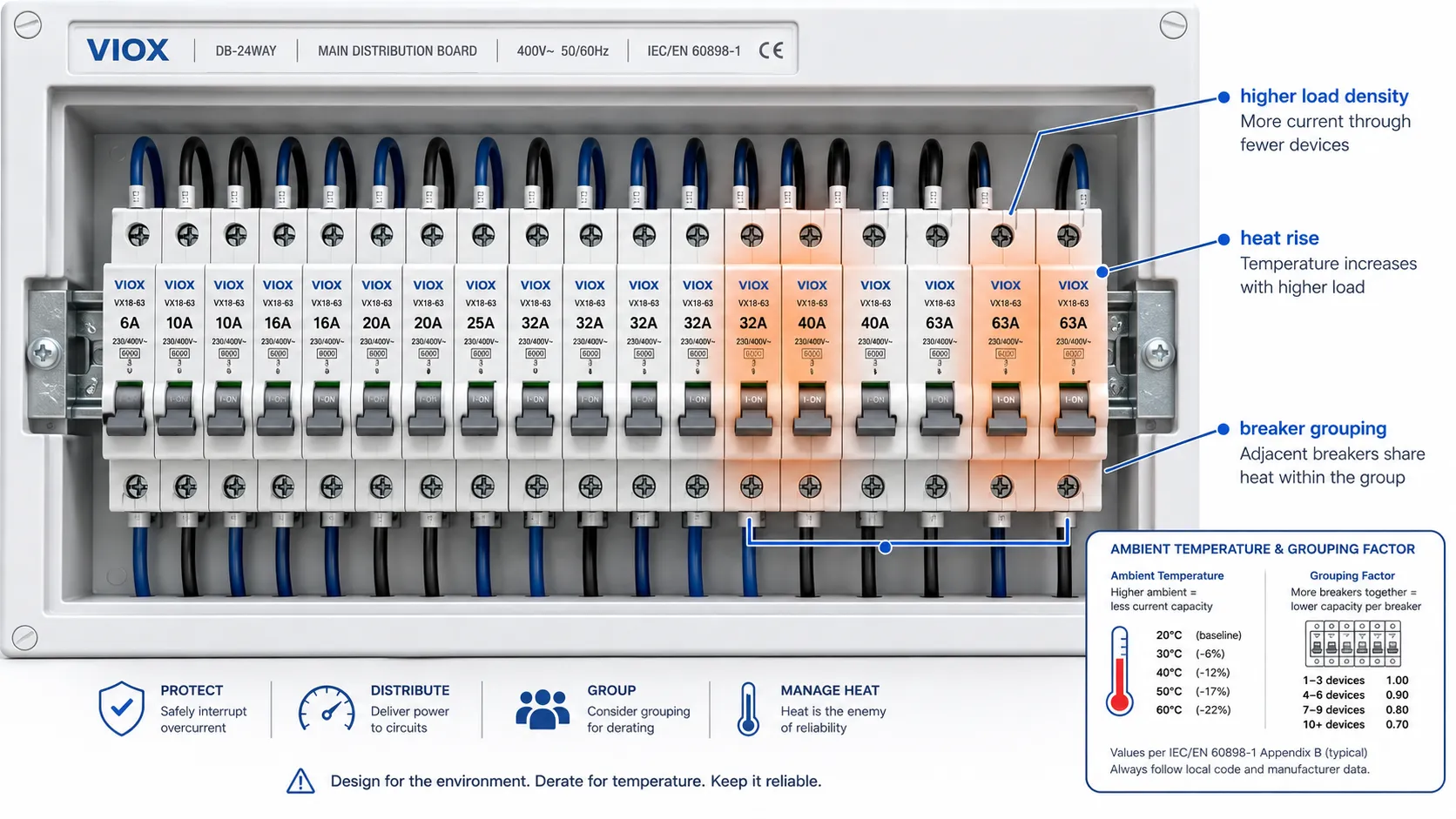 MCB temperature derating and grouping effect in crowded distribution boards.