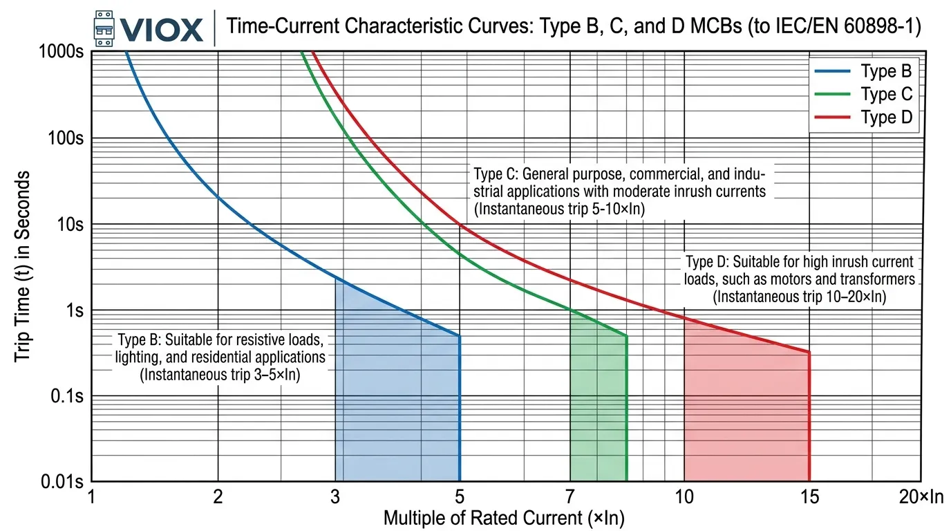 VIOX minyatür devre kesiciler için zaman-akım eğrileri ile Tip B, C ve D özelliklerini gösteren MCB açma eğrisi karşılaştırma tablosu