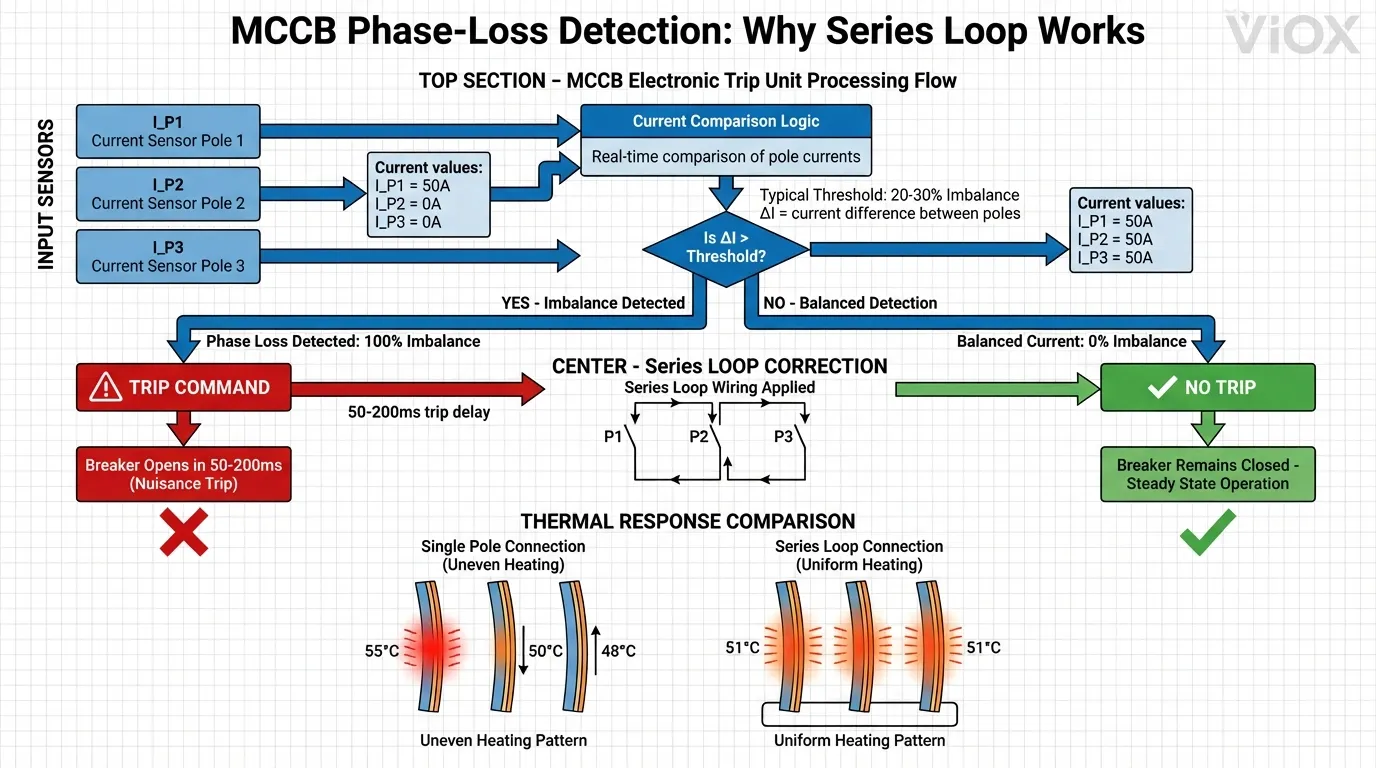 แผนภาพบล็อกอัลกอริทึมการตรวจจับการสูญเสียเฟส - แสดงให้เห็นว่าหน่วยตัดวงจรอิเล็กทรอนิกส์ MCCB ตรวจจับความไม่สมดุลได้อย่างไร แผนผังการตัดสินใจสำหรับสภาวะการตัดวงจรที่น่ารำคาญ