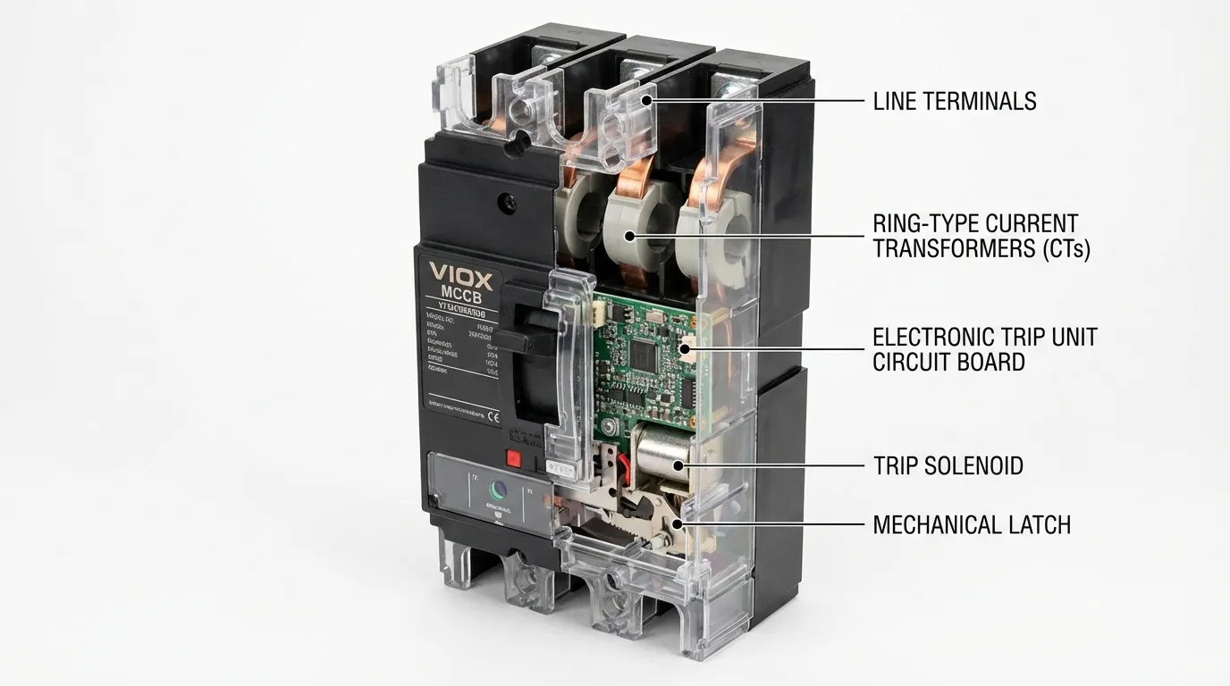 Coupe d'un MCCB VIOX montrant les composants de l'unité de déclenchement électronique, y compris les transformateurs de courant et le microprocesseur