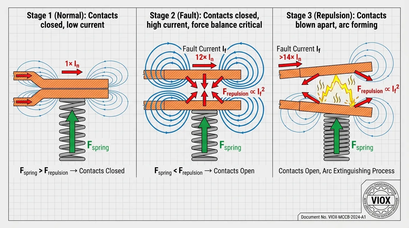 مخطط آلية تنافر الاتصال الكهرومغناطيسي MCCB يوضح توازن القوة وعتبات التيار - VIOX Electric