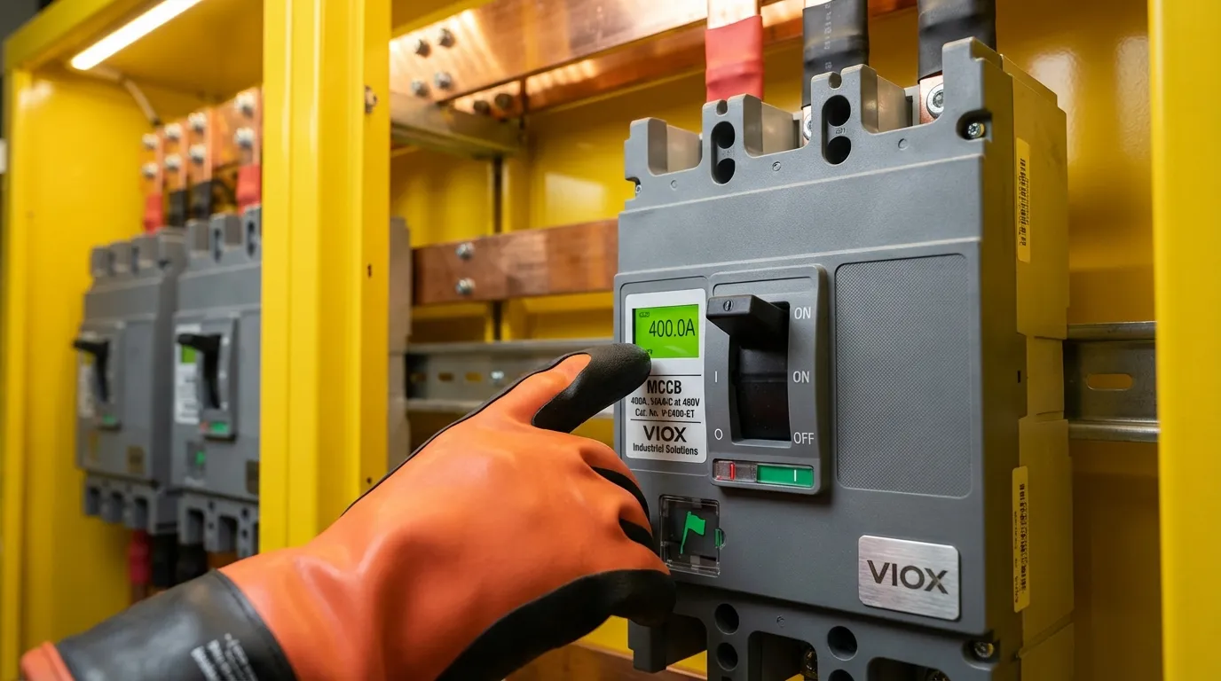 وحدة رحلة إلكترونية MCCB في لوحة صناعية تعرض تصنيف 400 أمبير وشاشة عرض التيار - VIOX Electric