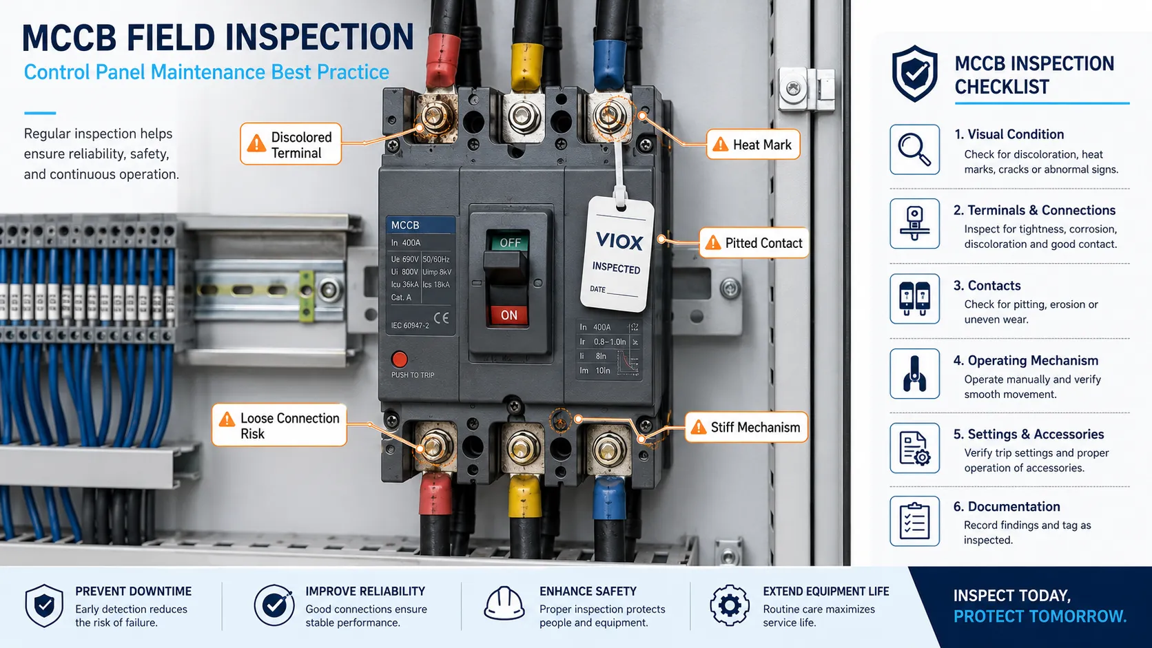 MCCB inspection checklist showing discolored terminals, heat marks, pitted contacts, and mechanism issues