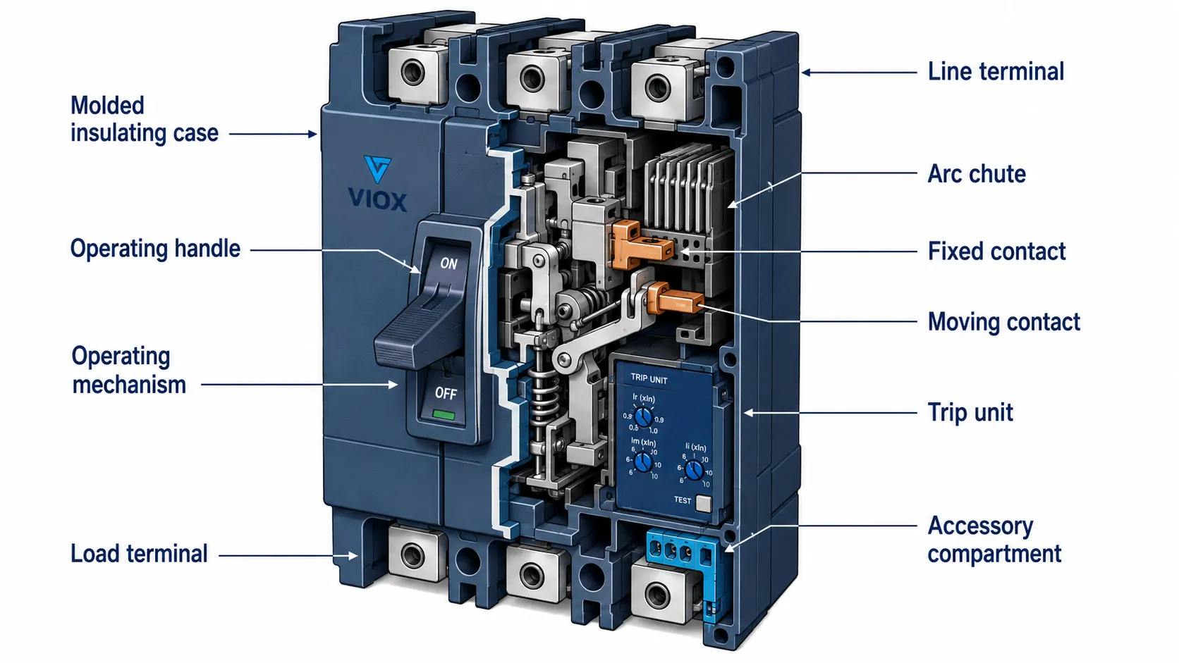 MCCB internal parts diagram with molded case, contacts, trip unit, arc chute, terminals, and accessories