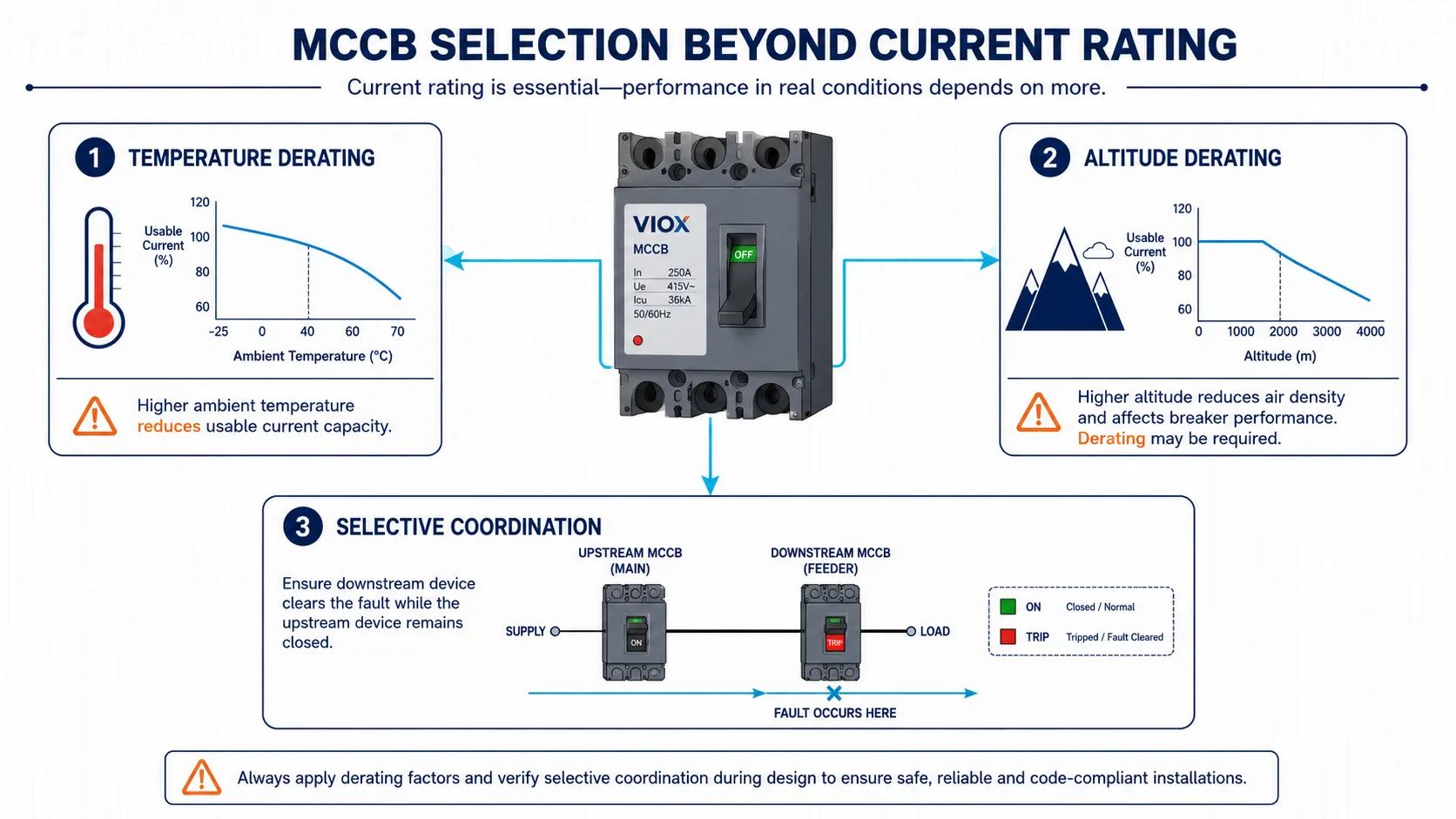 MCCB selection factors including temperature derating, altitude derating, and selective coordination