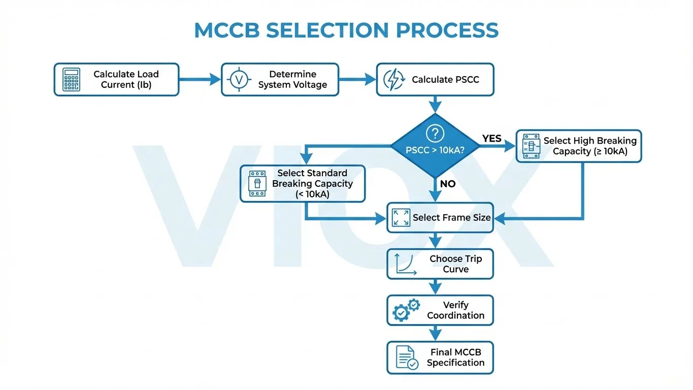 แผนผังกระบวนการเลือก MCCB แสดงจุดตัดสินใจทีละขั้นตอนตั้งแต่การคำนวณโหลดไปจนถึงข้อกำหนดขั้นสุดท้าย