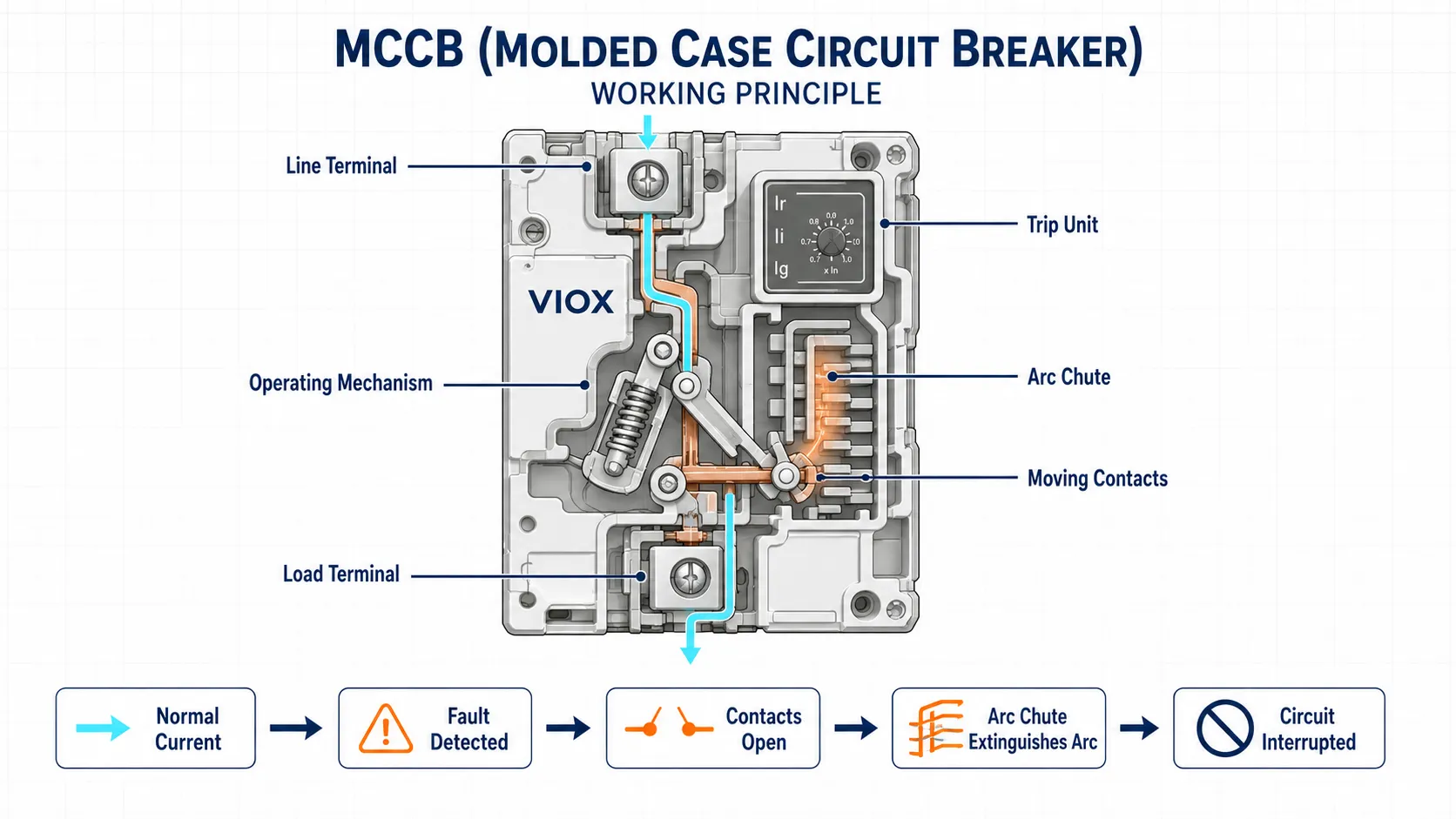 MCCB working principle showing trip unit, contacts, arc chute, and fault interruption sequence