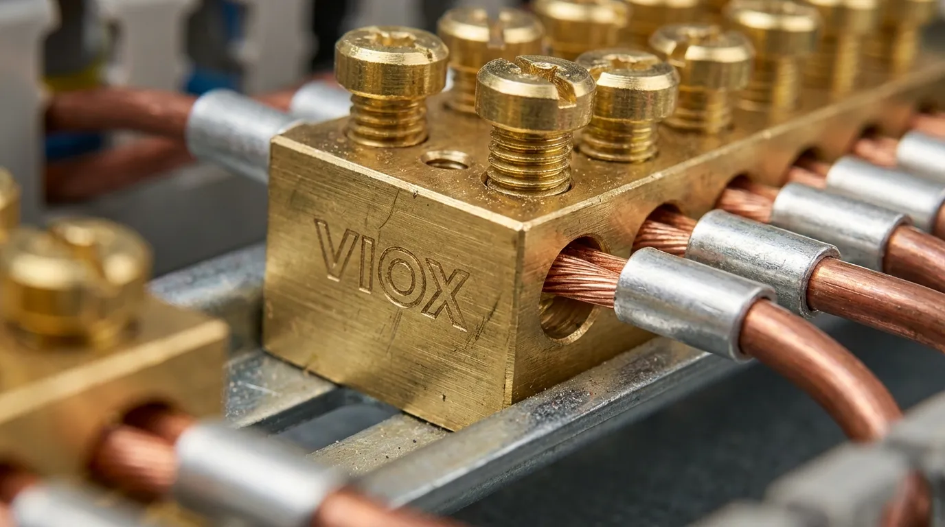 Macro close-up de blocos de terminais de latão VIOX em um trilho DIN