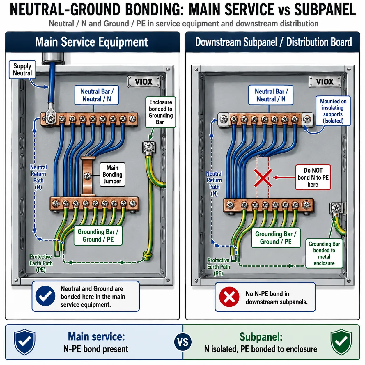 Main panel versus subpanel bonding diagram showing neutral ground bond only at the designated main bonding point and isolated neutral in downstream panels