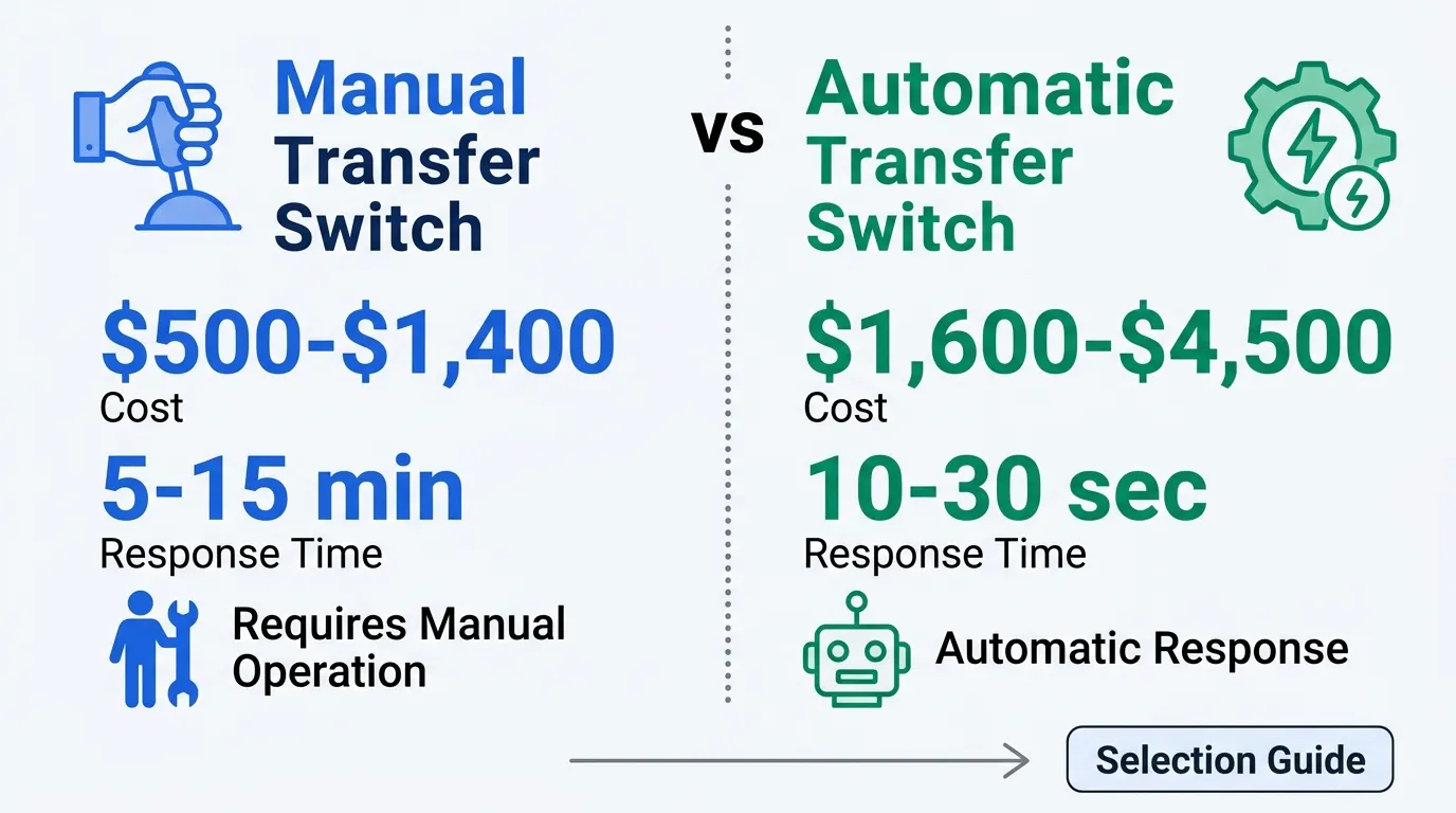Infografis yang membandingkan biaya, waktu respons, dan metode pengoperasian sakelar transfer manual vs otomatis