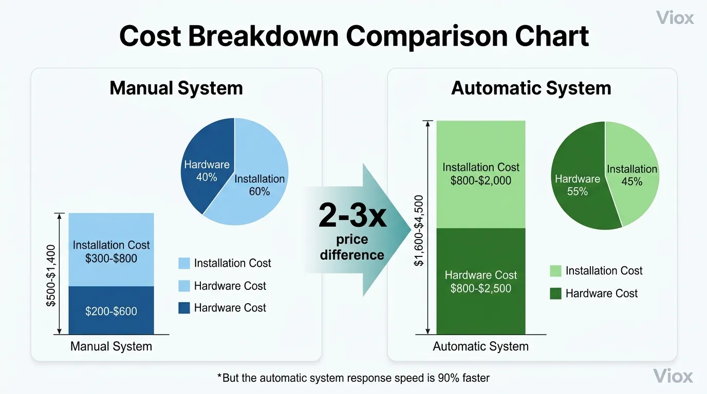 Bagan yang menunjukkan perbedaan biaya 2 hingga 3 kali lipat antara perangkat keras dan pemasangan sakelar transfer manual dan otomatis