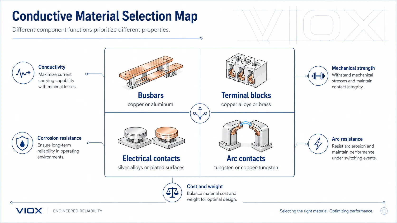 Material selection map for busbars, terminal blocks, electrical contacts, and arc contacts based on conductivity, strength, corrosion resistance, and arc resistance