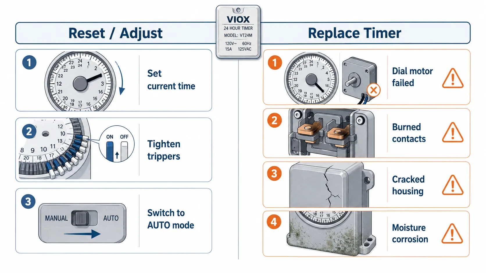 Mechanical timer repair or replacement decision guide for burned contacts, failed motor, loose pins, and moisture damage