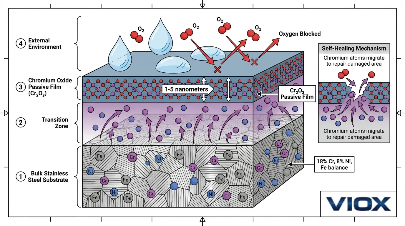 رسم تخطيطي لبنية الفيلم السلبي المجهرية يوضح طبقة أكسيد الكروم التي تمنع الأكسجين