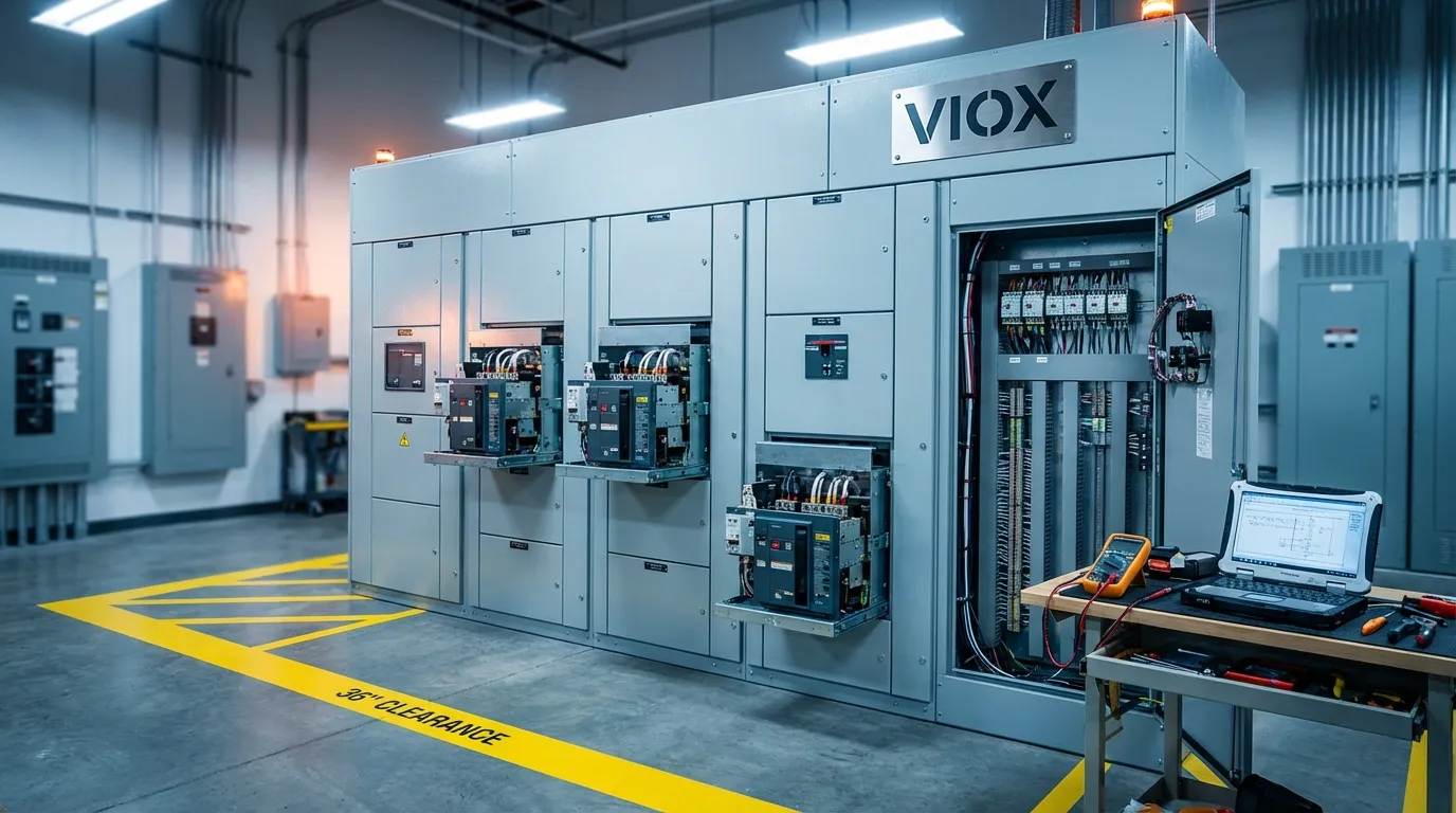 最新のVIOXモーターコントロールセンターの設置。引き出し式のモータースターターバケットと、NECに準拠した作業クリアランスを備えた適切な電気室のレイアウトを示しています。