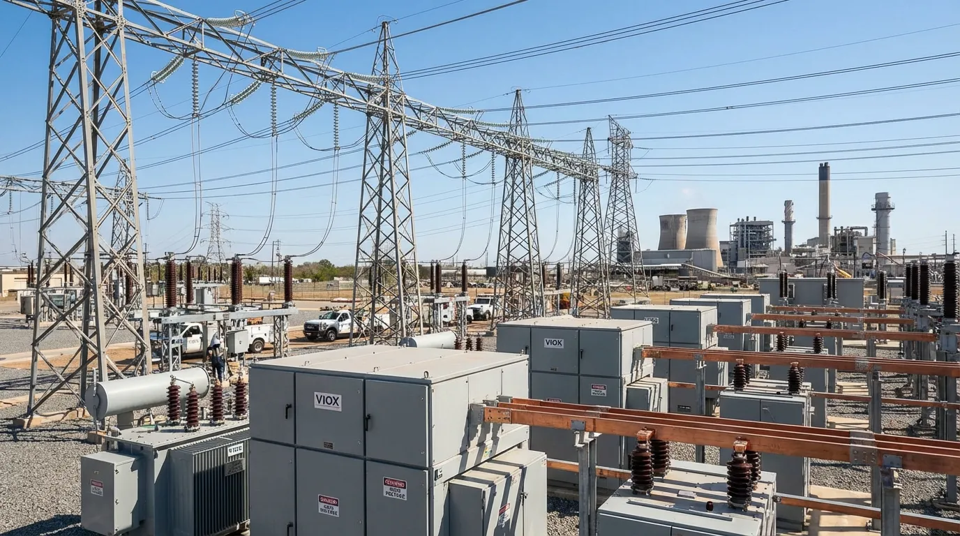 Modern electrical substation showing low, medium, and high voltage equipment with VIOX switchgear and distribution systems