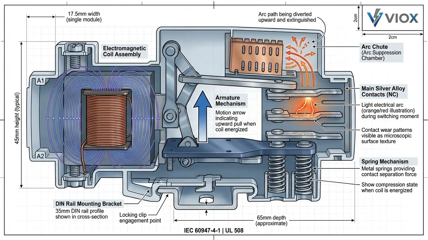 Modular contactor technical cutaway diagram showing electromagnetic coil, armature, and contacts