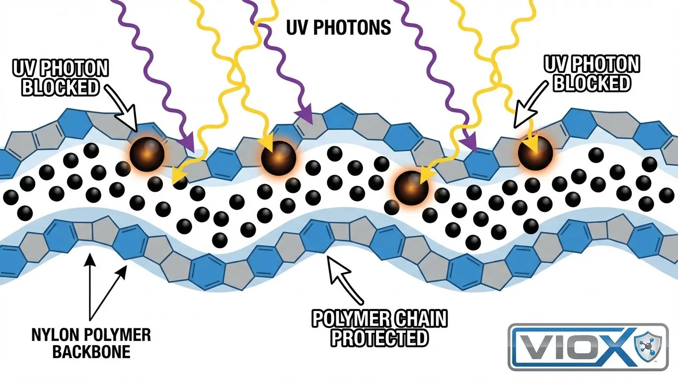 Molekulární diagram ukazující, jak částice karbonové černě chrání nylonový polymer před UV zářením