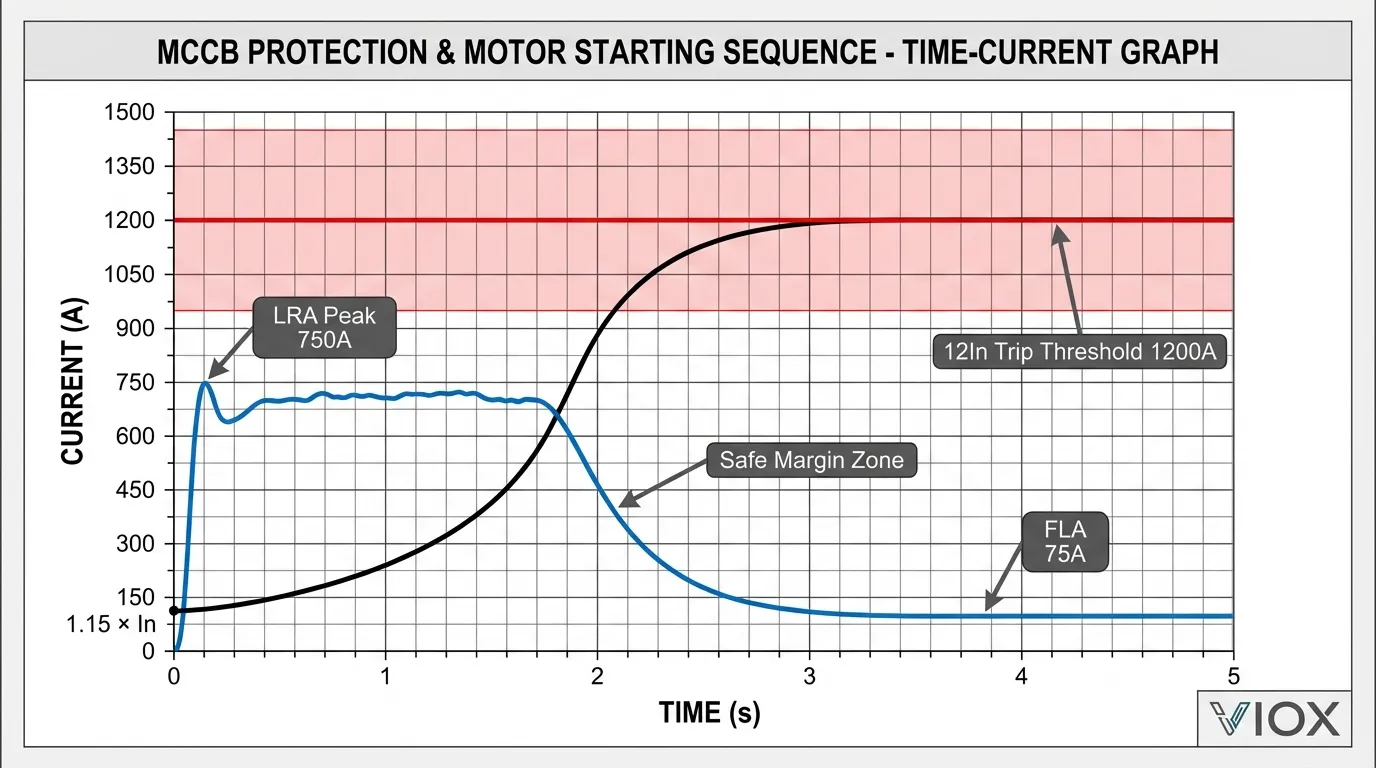 모터 LRA 스파이크 750A 대 12In 임계값 1200A(안전 마진 영역 포함)