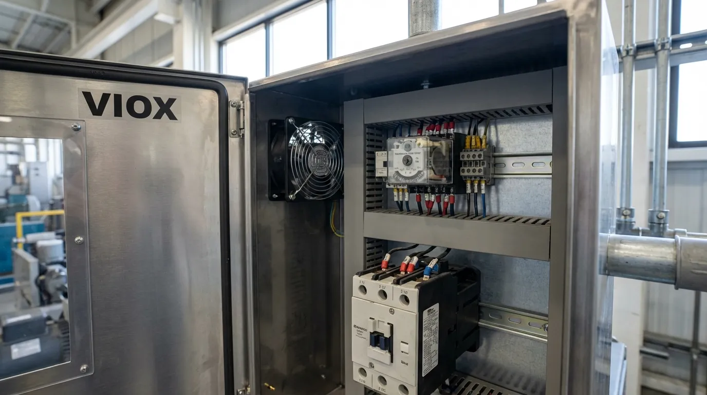 Panel de control del motor que muestra un relé de retardo de tiempo VIOX que controla un sistema de ventilador de refrigeración