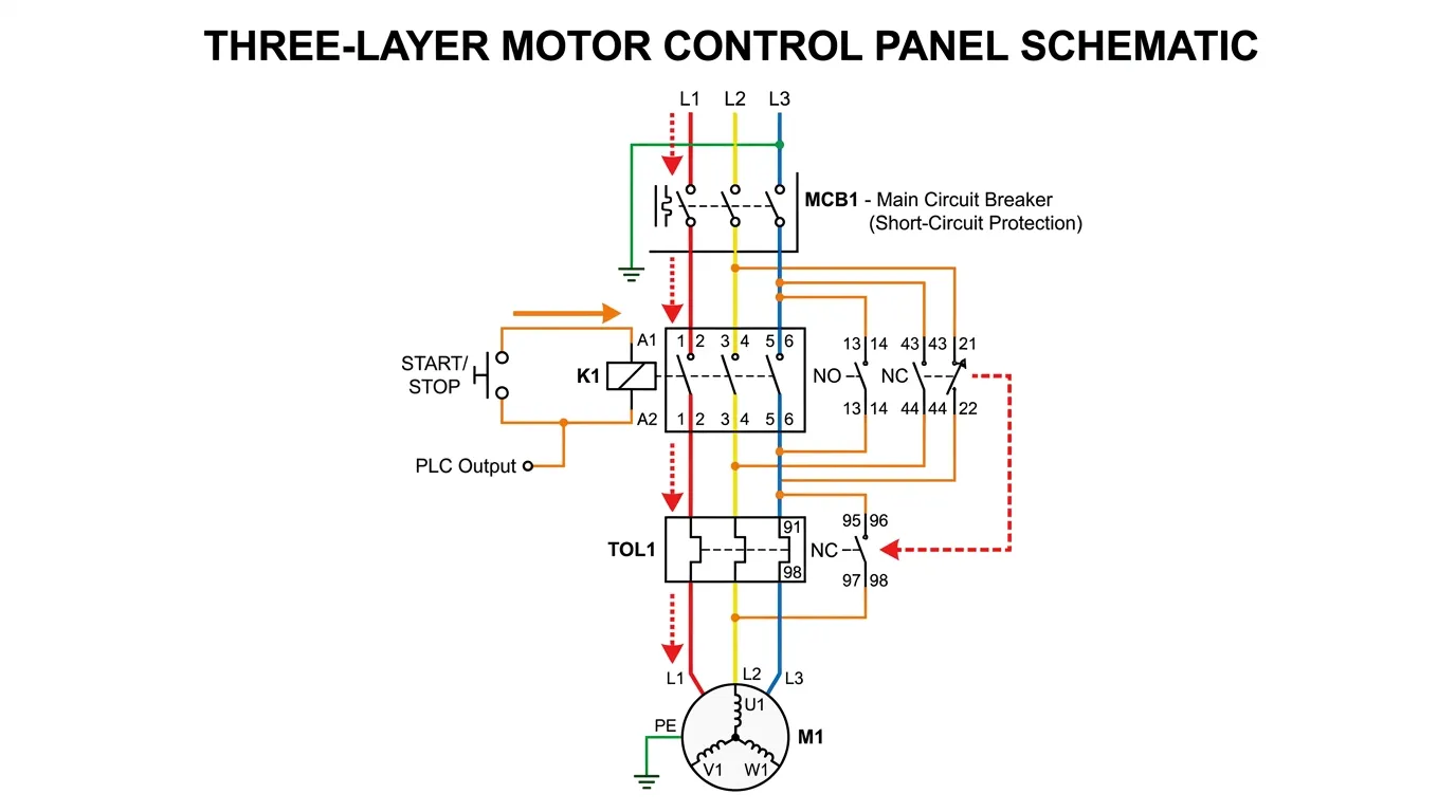 موٹر کنٹرول پینل وائرنگ ڈایاگرام جو مکمل موٹر پروٹیکشن اور کنٹرول فراہم کرنے کے لیے سرکٹ بریکر، کنٹیکٹر، اور اوورلوڈ ریلے کو ایک ساتھ کام کرتے ہوئے دکھا رہا ہے۔