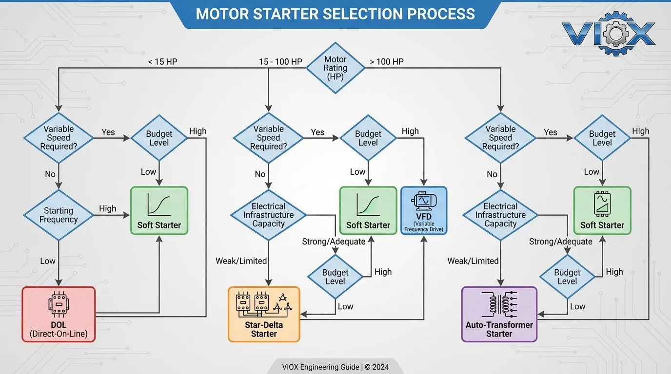Motor starter selection flowchart showing decision criteria and recommended types