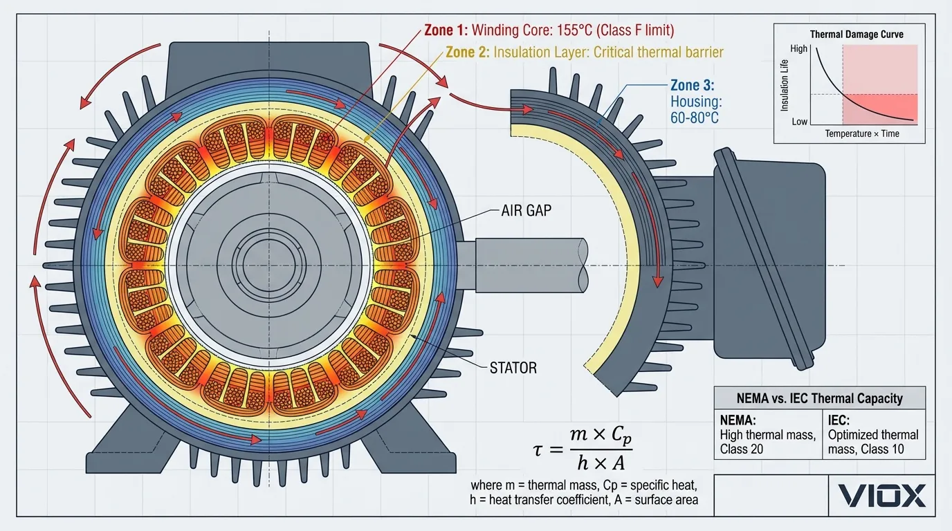 مخطط مقطعي لنموذج حراري للمحرك يوضح مسارات تدفق الحرارة ومناطق درجة الحرارة أثناء الحمل الزائد