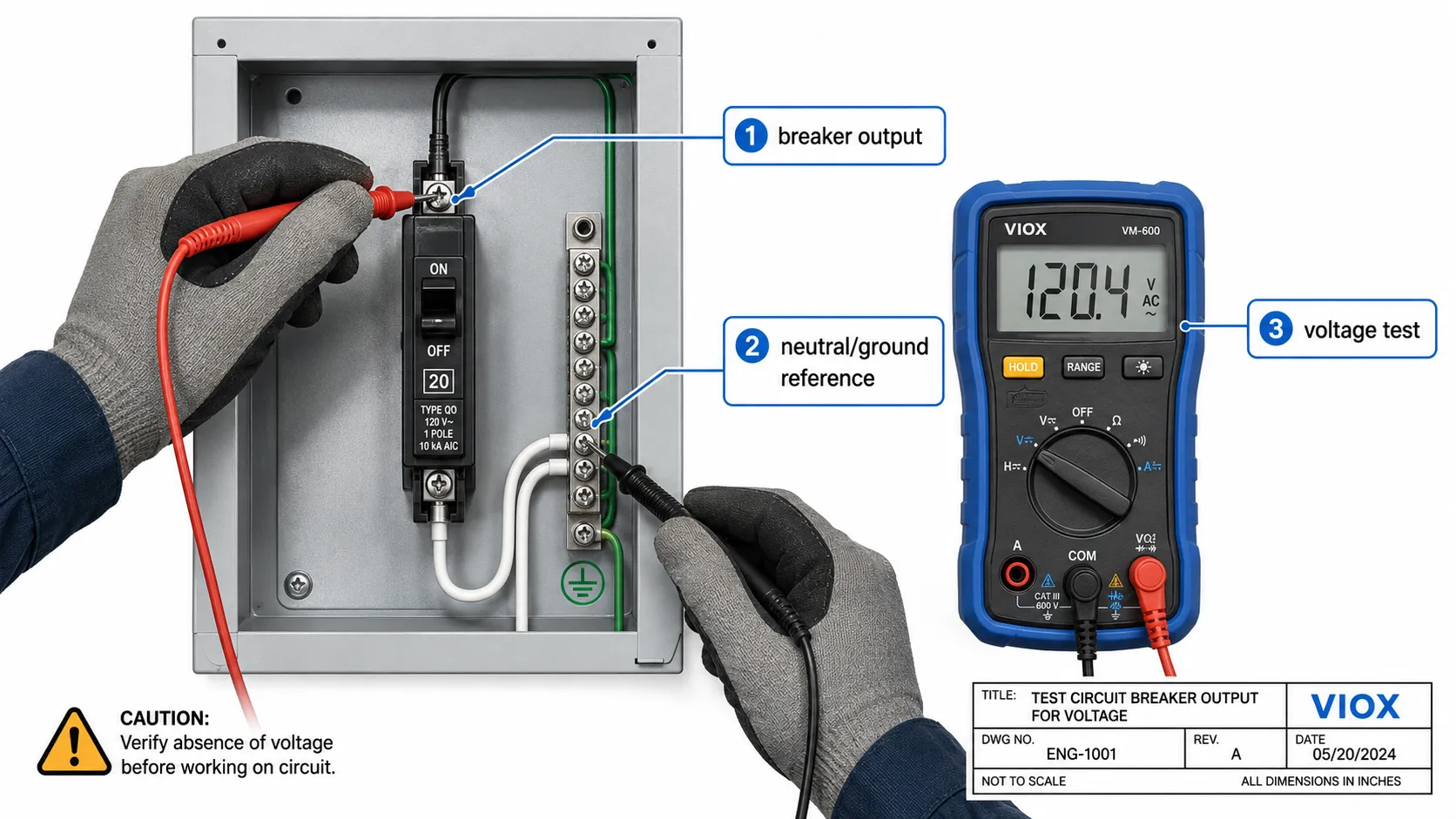Multimeter voltage test diagram for checking whether a circuit breaker passes power.