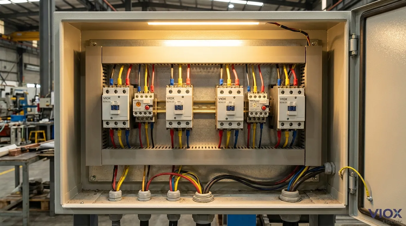 Plusieurs contacteurs CA VIOX installés dans un tableau de distribution électrique industriel avec des connexions à code couleur et des relais de surcharge