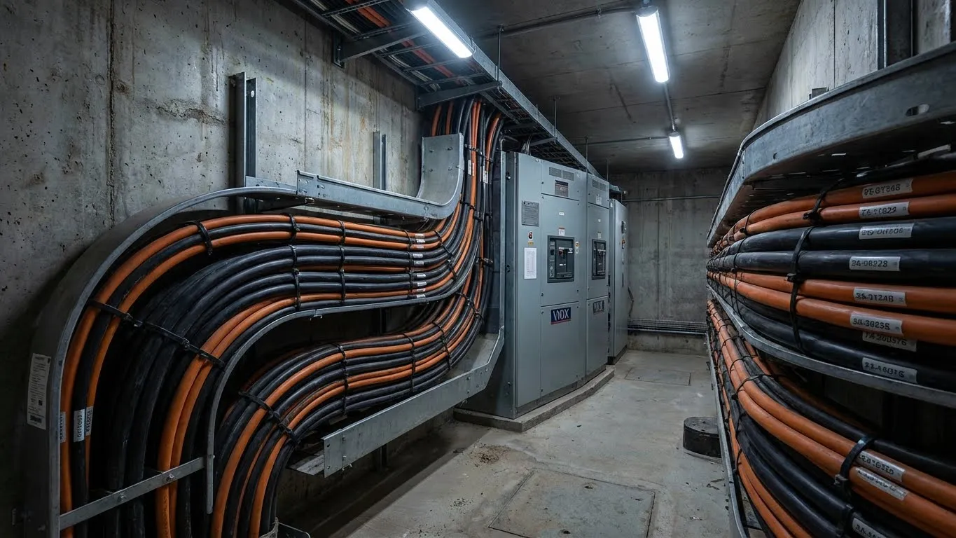 کیبل ٹرے کی تنصیب میں گروپ کی گئی متعدد پاور کیبلز جن کے لیے VIOX برقی تقسیم کے نظام میں زیادہ گرم ہونے سے بچنے کے لیے ایمپیسٹی ایڈجسٹمنٹ فیکٹرز کی ضرورت ہوتی ہے