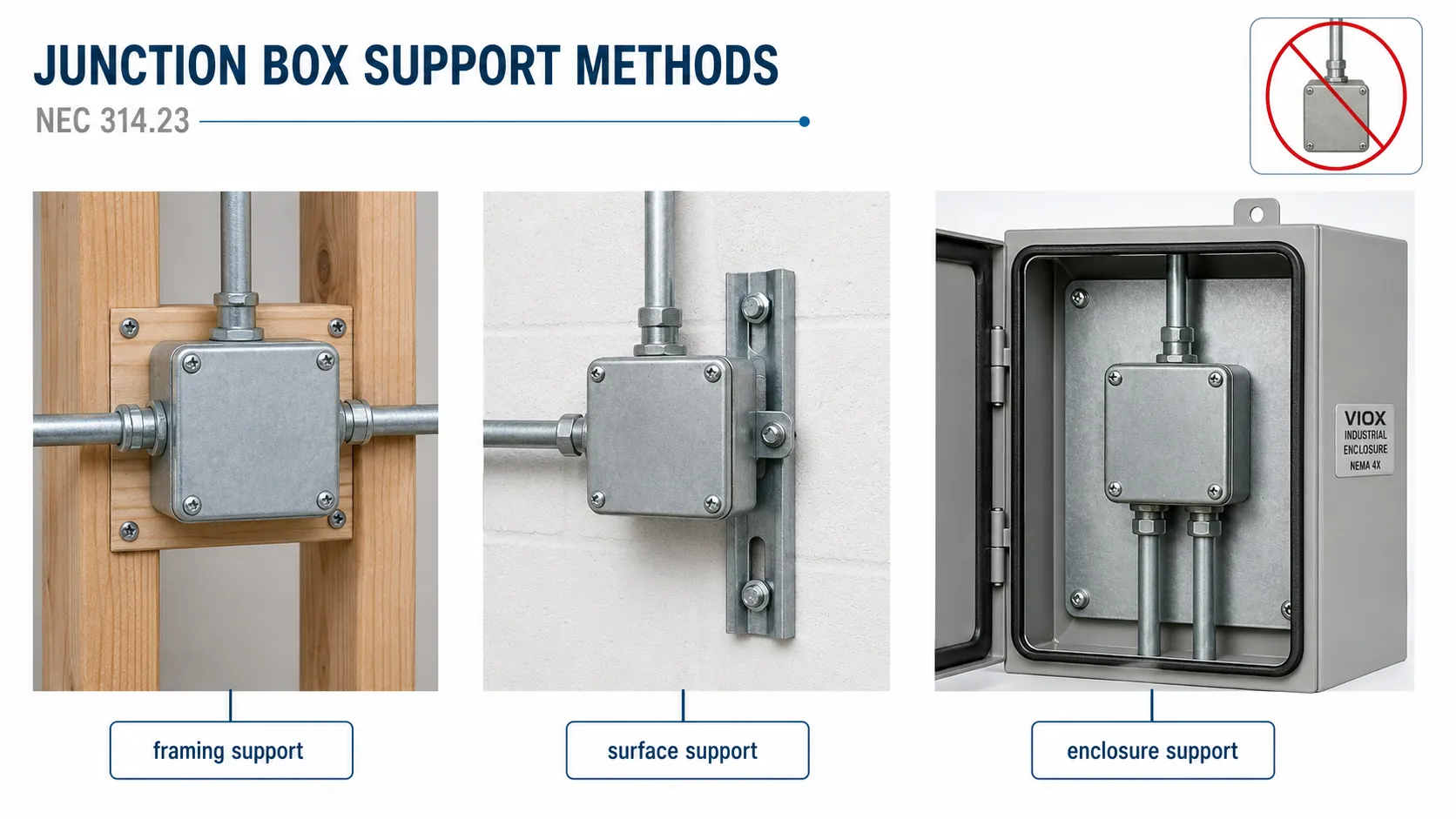 NEC 314.23 junction box support methods for framing, surface mount, and industrial enclosure installations.