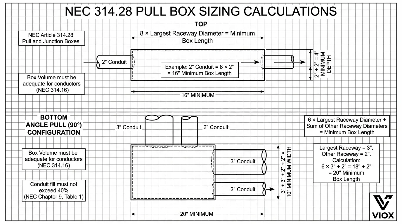 NEC 314.28 pull box sizing calculation diagram showing straight pull and angle pull requirements