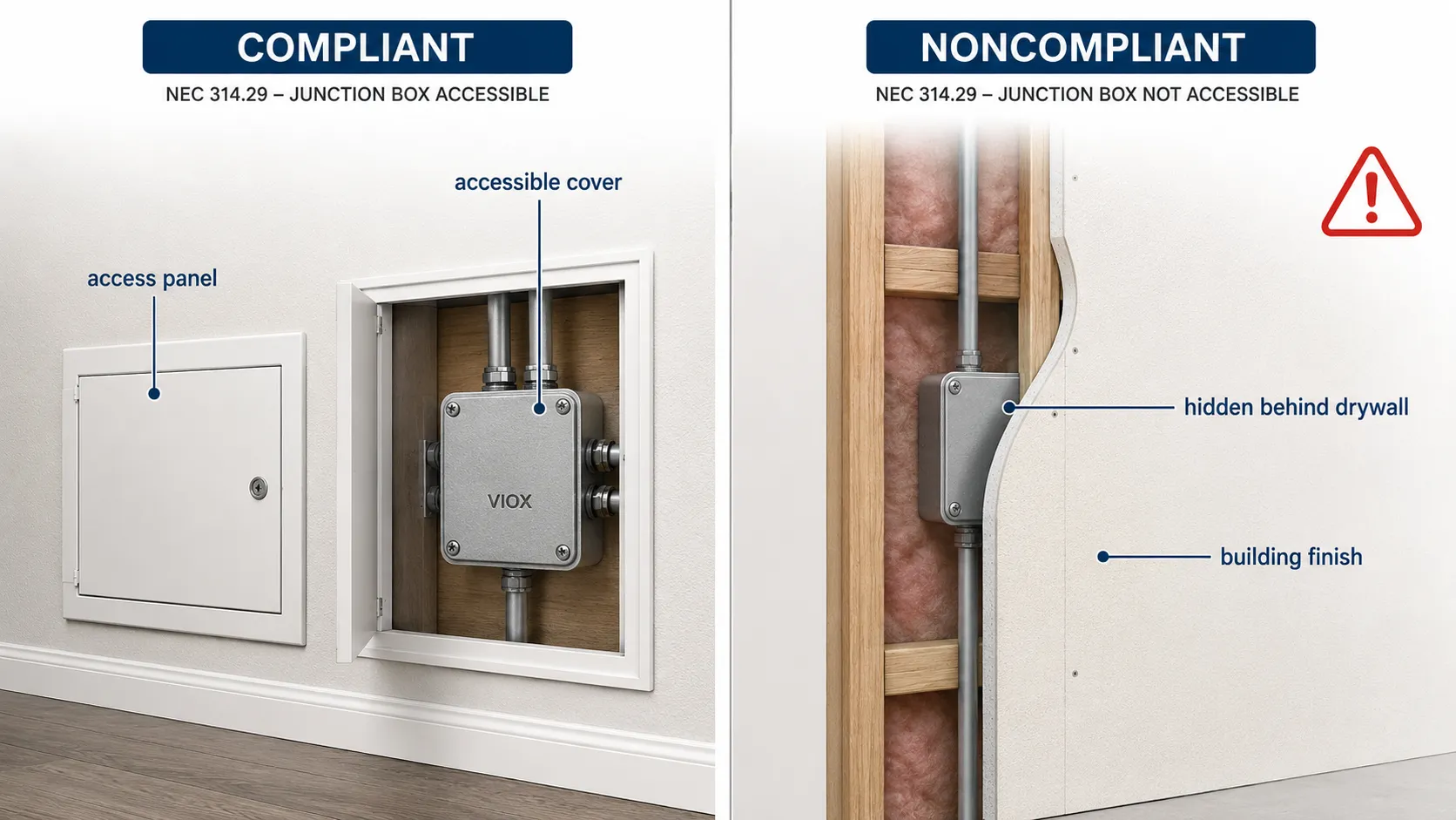 NEC 314.29 junction box accessibility diagram showing an accessible junction box versus one hidden behind drywall.