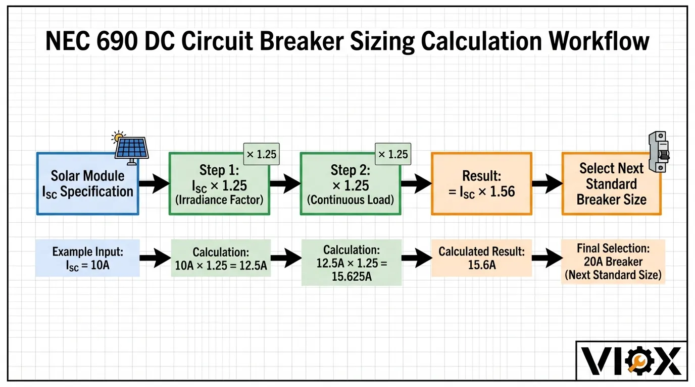 NEC 690 DC circuit breaker sizing calculation flowchart showing 1.56× multiplier method with VIOX branding