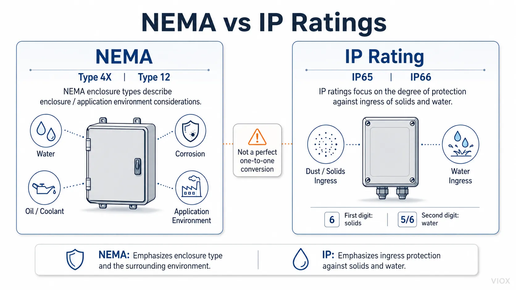 NEMA vs IP rating comparison showing enclosure environment types and ingress protection differences