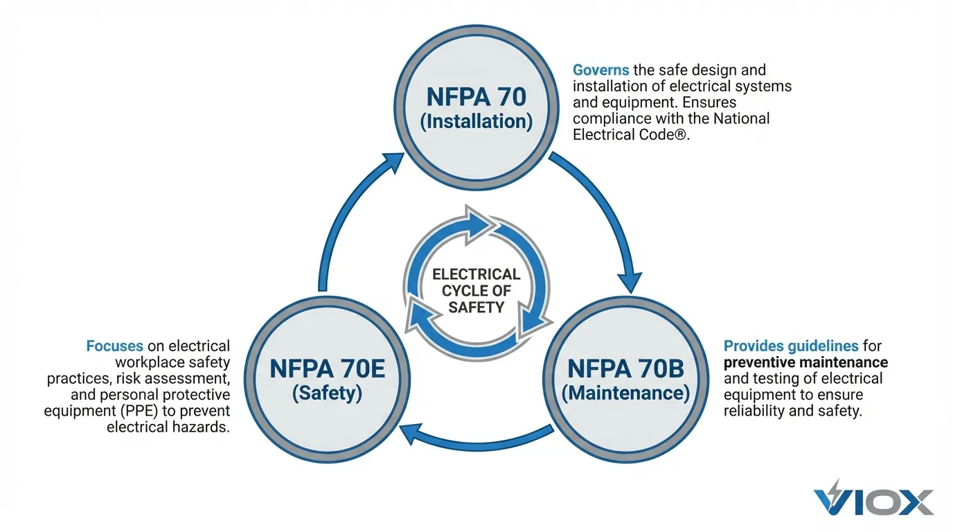 NFPA Electrical Cycle of Safety diagram showing relationship between NFPA 70, 70B, and 70E standards
