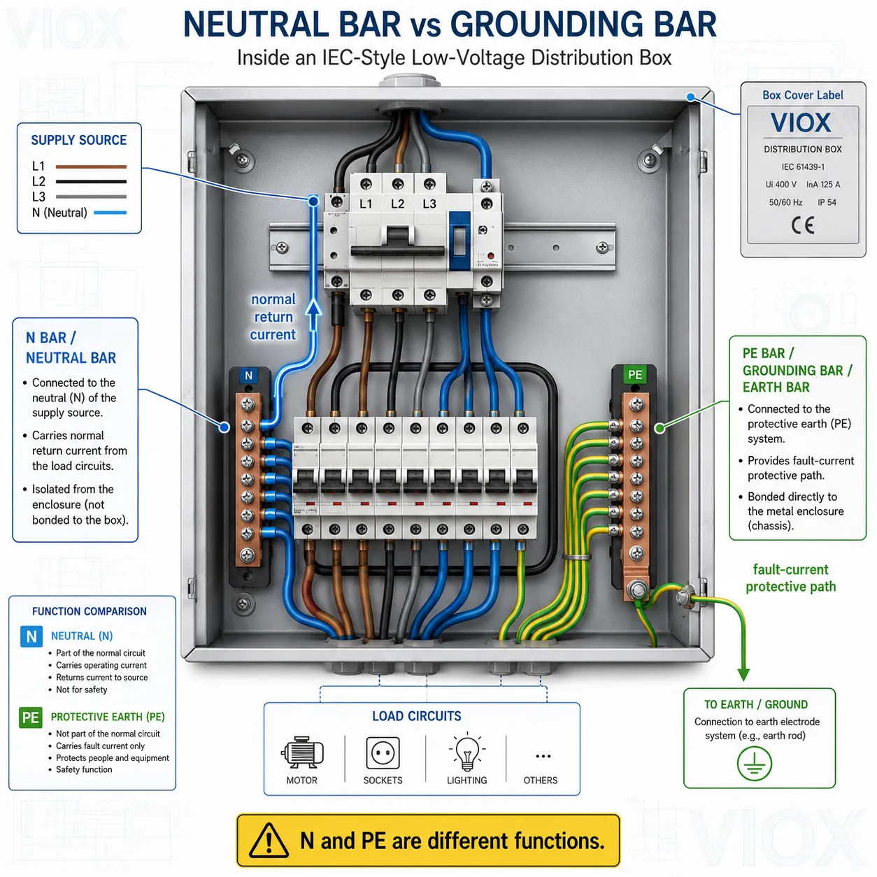 Neutral bar vs grounding bar diagram showing N bar carrying normal return current and PE bar providing the protective fault current path