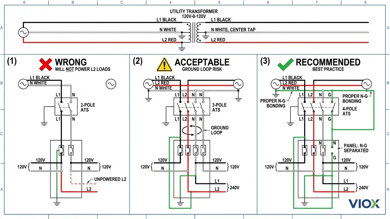 Схема подключения североамериканской расщепленной фазы 120 В/240 В, показывающая правильные и неправильные конфигурации АВР