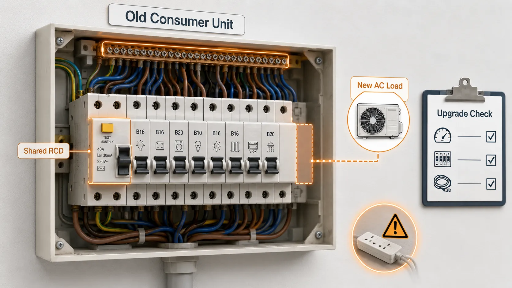 Old consumer unit overloaded by new air conditioner loads during a European heatwave.