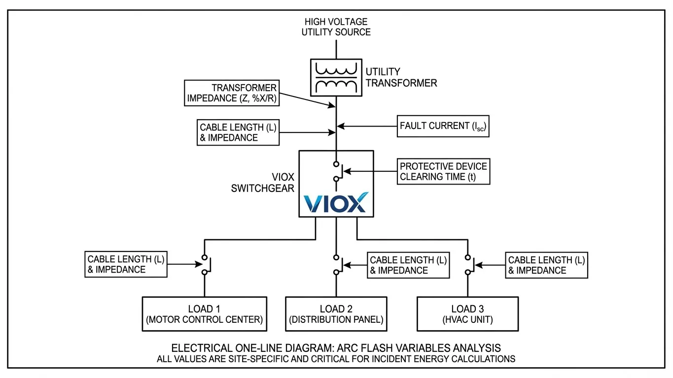 مخطط أحادي الخط يوضح المتغيرات الخاصة بالموقع والتي تؤثر على حسابات طاقة القوس الكهربائي الساقطة.