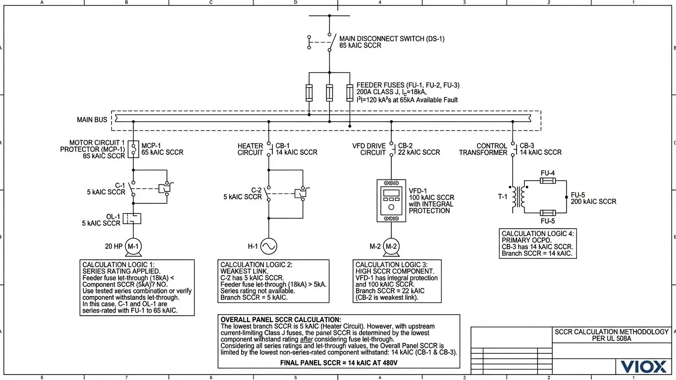 مخطط كهربائي أحادي الخط يوضح منهجية حساب SCCR للوحة التحكم الصناعية وفقًا لـ UL 508A