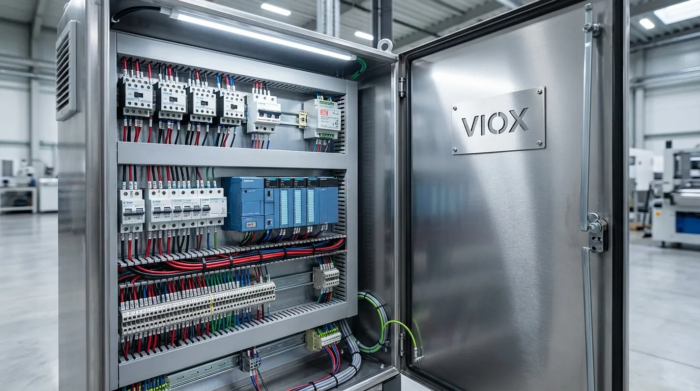 Otwarta przemysłowa szafa sterownicza przedstawiająca zorganizowane komponenty elektryczne, w tym sterowniki PLC, wyłączniki automatyczne, styczniki i listwy zaciskowe z profesjonalnym zarządzaniem przewodami - VIOX Electric